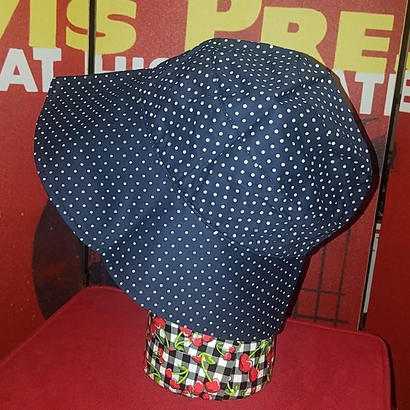 Tatyana Dotty Retro 50's Blue White Polka Dot Beach Bonnet Garden Hat w Buttons - Picture 4 of 8